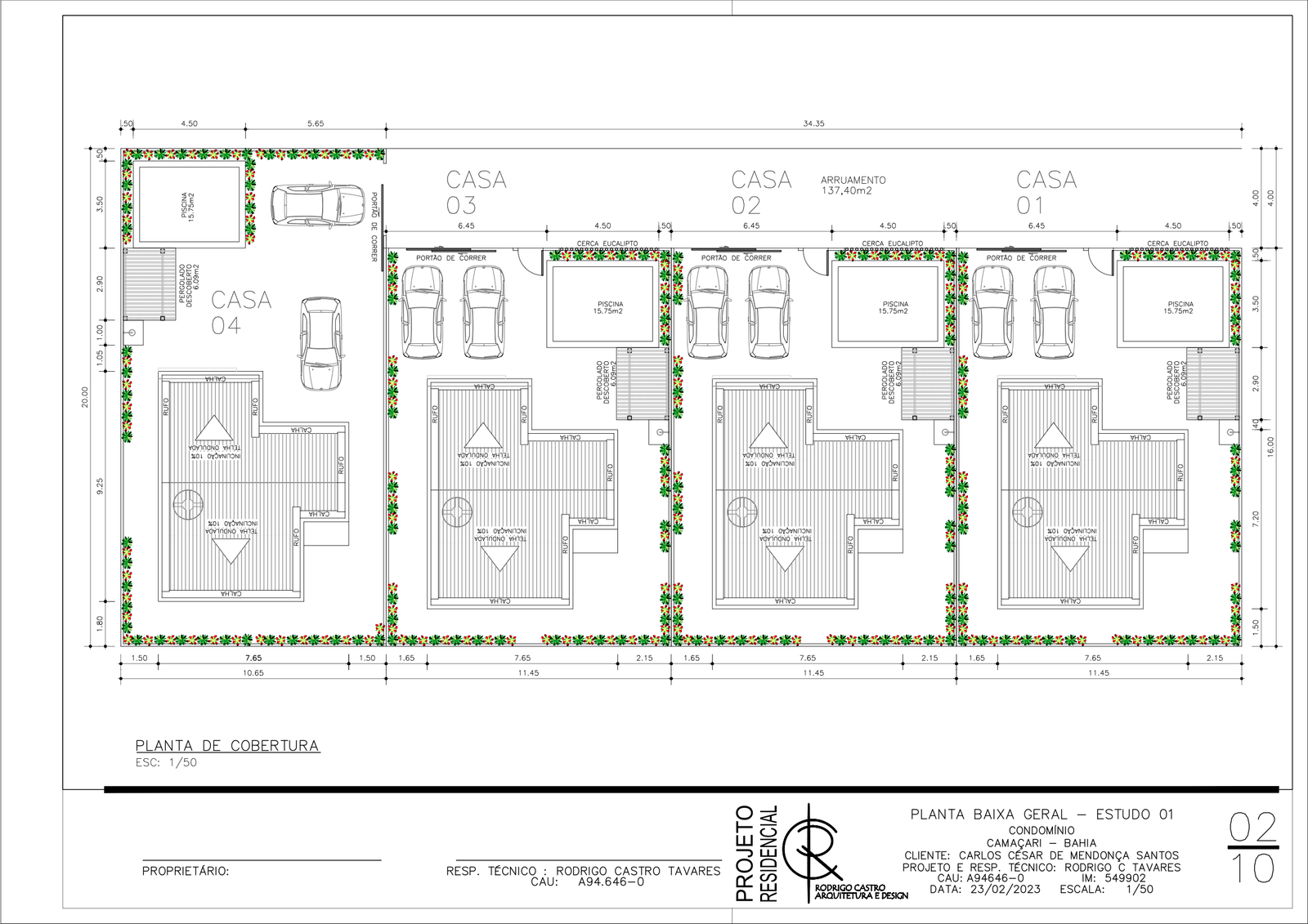 Planta baixa do condomínio, com a distribuição das 4 casas, piscina e área de garagem